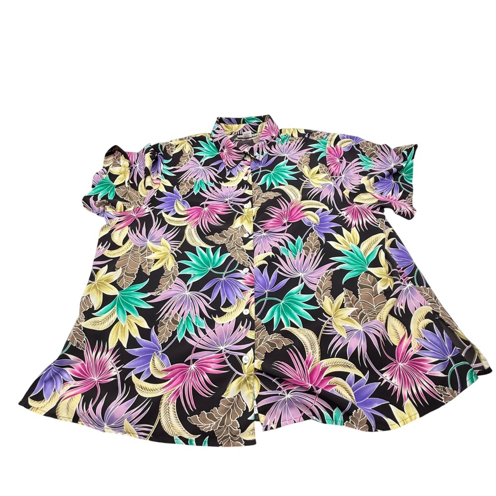 Notations Woman Tropical Floral Button Up Shirt Black Purple Plus 24W 3583100